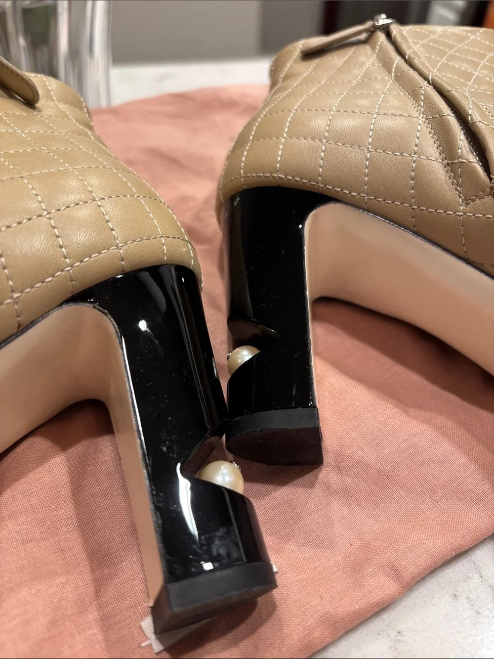 CHANEL Beige Quilted Peep-Toe Ankle Boots with Black Patent Trim